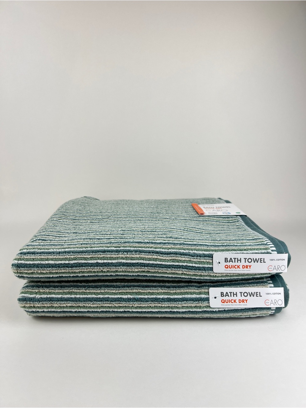 CARO Home Bath Towels Green Yellow White Striped Soft 100% Cotton 2 Pc Set NEW